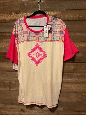 Two Fly Cream And Hot Pink Shirt Colorful Aztec Diamond On Front Size 2X NWT